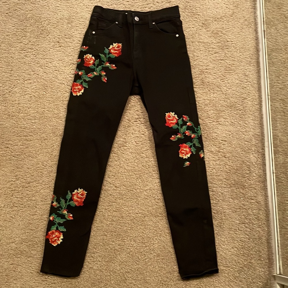 Black, flower embroidered Topshop high rise jeans